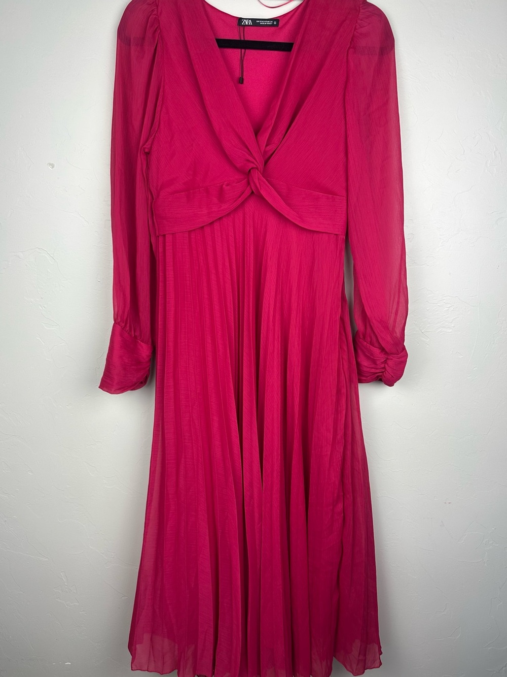 Zara Fuchsia Pink Pleated Maxi Dress Twist Front Long Sleeve XS - Picture 1 of 13